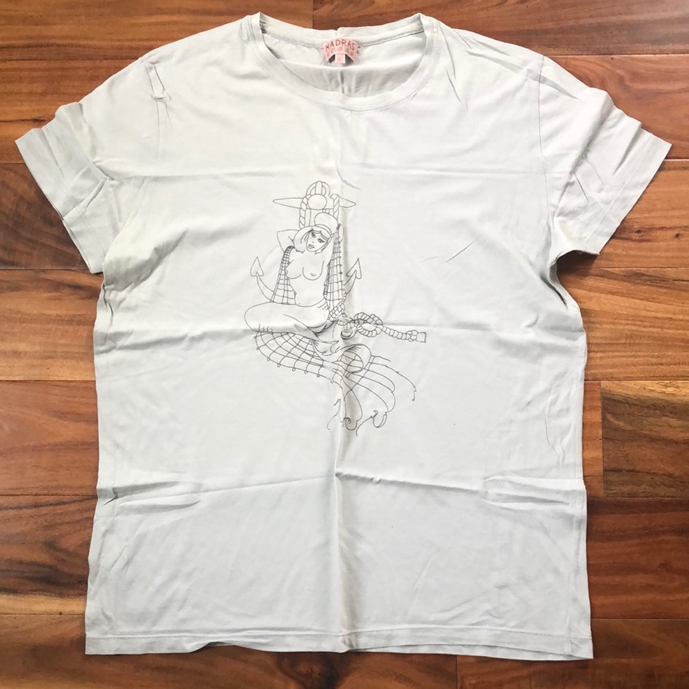 Madras by APC. Purchased at Barney’s Coop. Pale robin’s egg w/ silver mermaid.